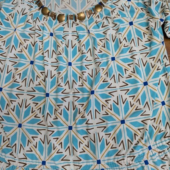 Nicole Miller Blue Boho Aztec Beaded Embellished Neck Floral Dress Large Ruffled - Picture 5 of 15